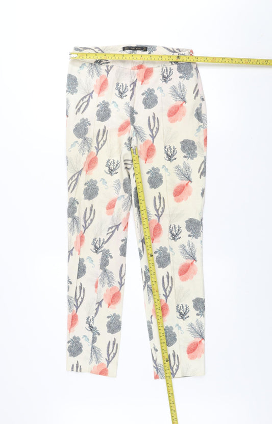 Zara Basic Women's Beige Floral Cropped Trousers Size S Cotton Blend