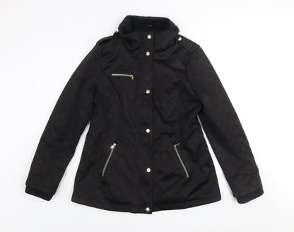 Jessica Simpson Womens Black L Parka Jacket with Fur Trim & Gold Zips