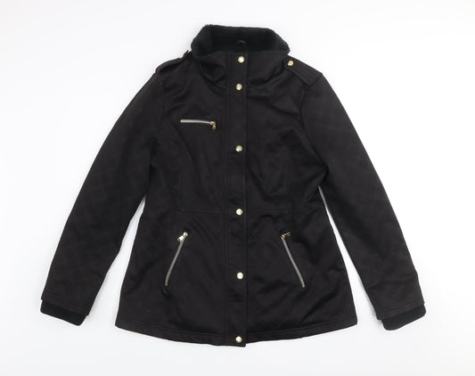 Jessica Simpson Womens Black L Parka Jacket with Fur Trim & Gold Zips