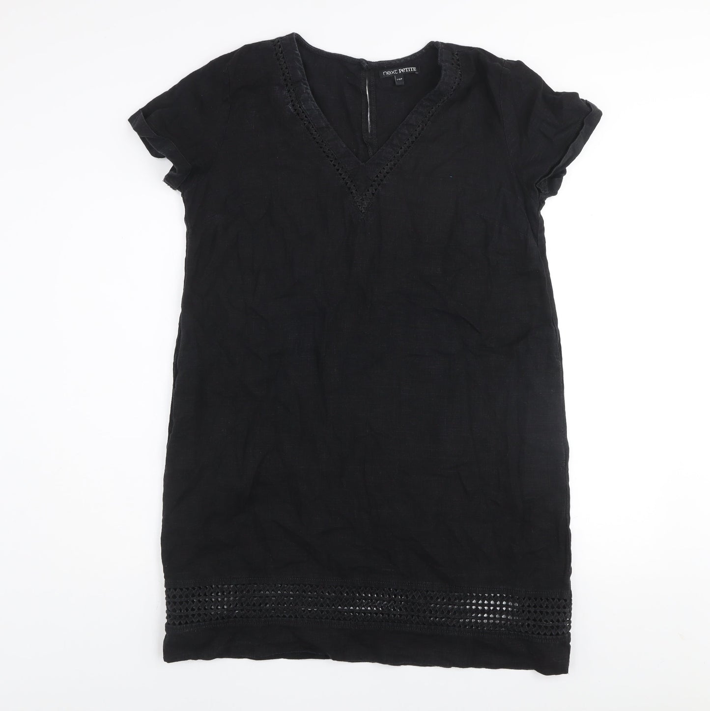 Next Petite Black Linen Shift Dress Women Size 14P Short Sleeve V-Neck