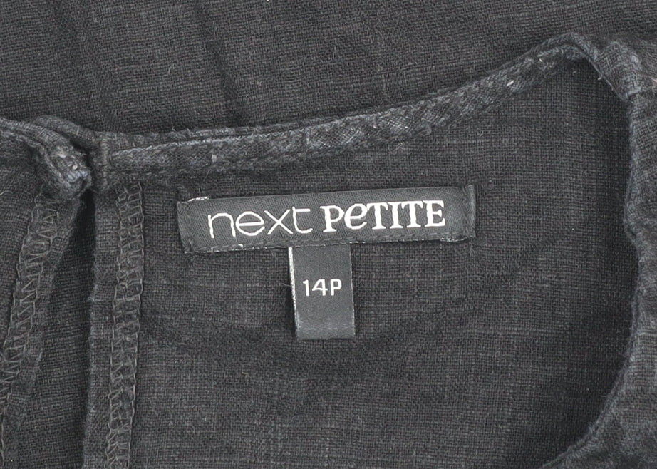 Next Petite Black Linen Shift Dress Women Size 14P Short Sleeve V-Neck