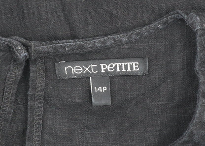 Next Petite Black Linen Shift Dress Women Size 14P Short Sleeve V-Neck