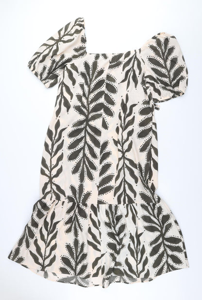 Primark Womens Beige Floral Puff Sleeve Swing Dress Size 16