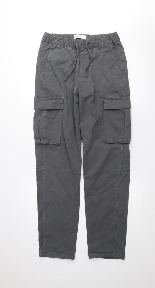 Bershka Men Grey Cargo Trousers S Cotton Stretch Elastic Waist