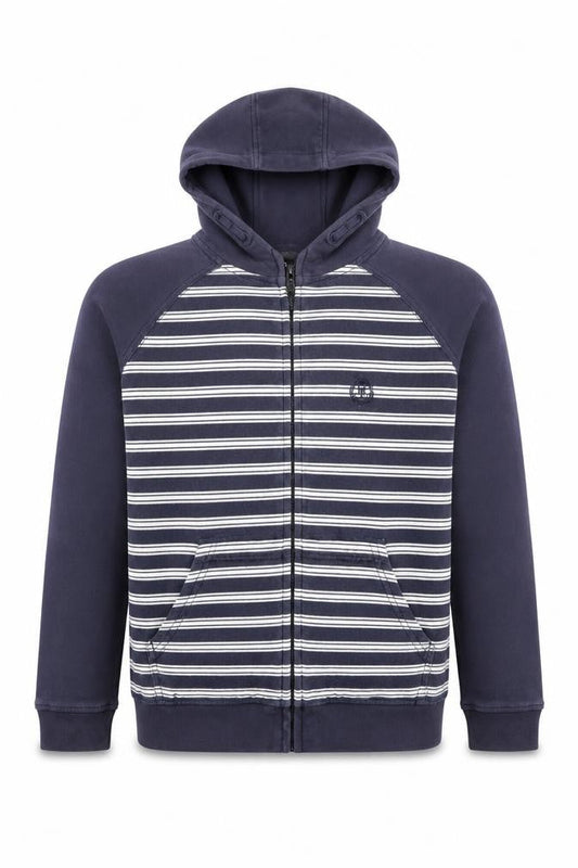 Front view of Henri Lloyd boys’ navy blue full zip hoodie 12-13 years striped cotton blend