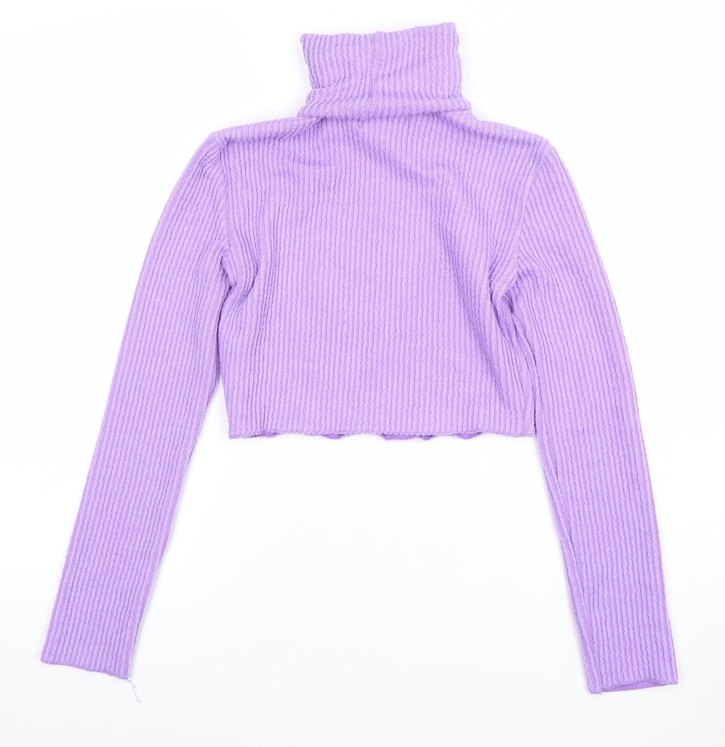Bershka Women’s Purple Roll Neck Cropped Ribbed Knit Jumper Size S