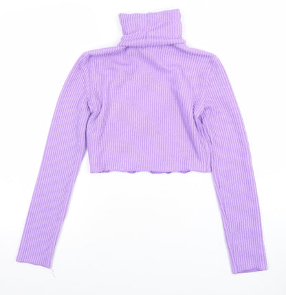 Bershka Women’s Purple Roll Neck Cropped Ribbed Knit Jumper Size S