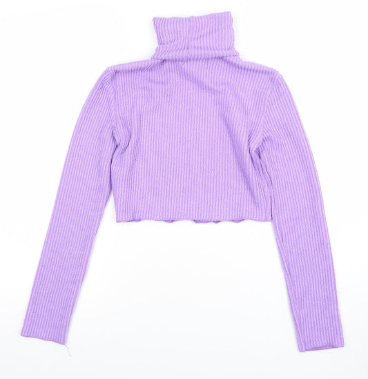 Bershka Women’s Purple Roll Neck Cropped Ribbed Knit Jumper Size S