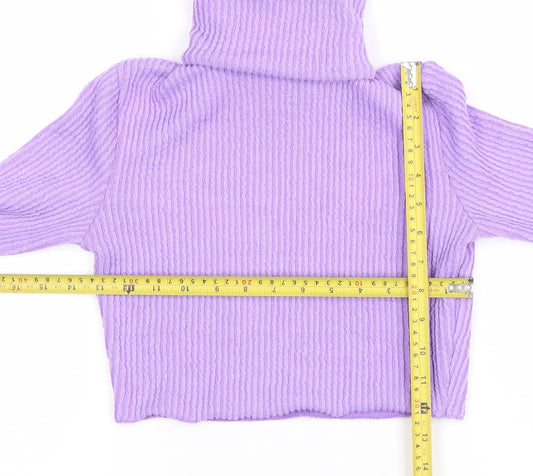 Bershka Women’s Purple Roll Neck Cropped Ribbed Knit Jumper Size S