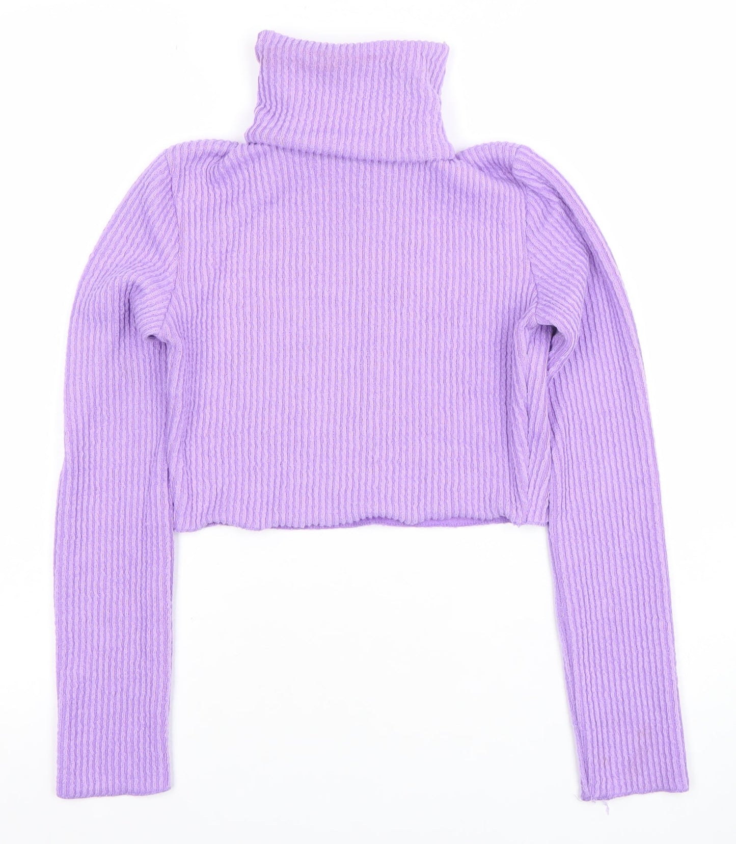 Bershka Women’s Purple Roll Neck Cropped Ribbed Knit Jumper Size S
