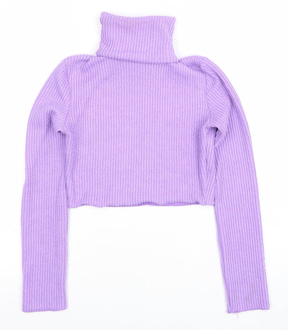 Bershka Women’s Purple Roll Neck Cropped Ribbed Knit Jumper Size S