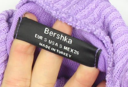 Bershka Women’s Purple Roll Neck Cropped Ribbed Knit Jumper Size S