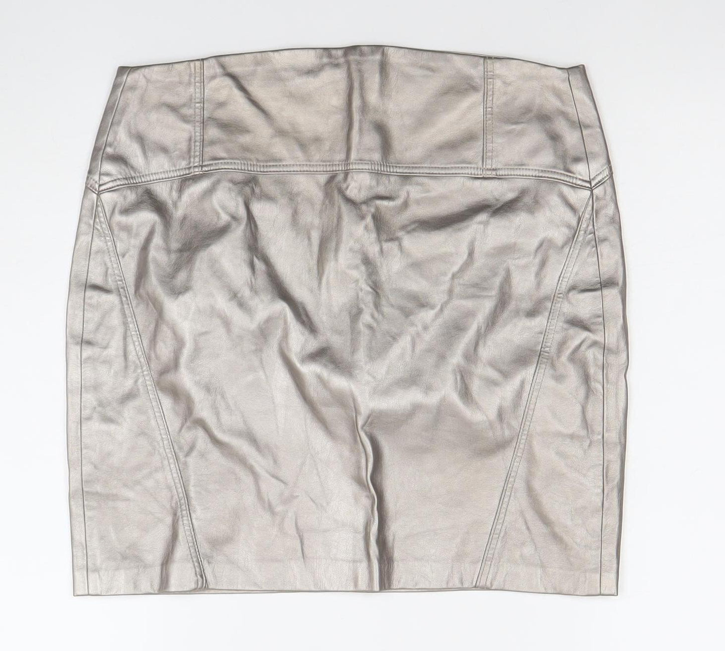 Bershka Women Silver Faux Leather Straight Pencil Skirt UK 12