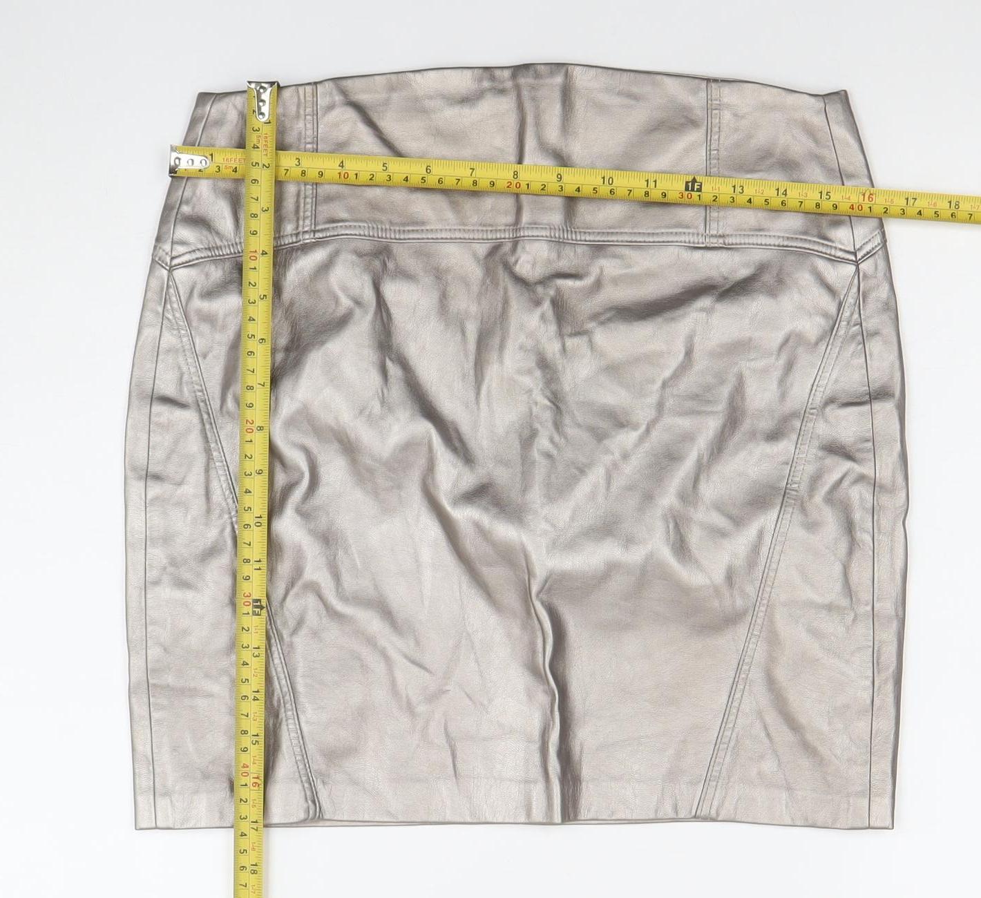 Bershka Women Silver Faux Leather Straight Pencil Skirt UK 12