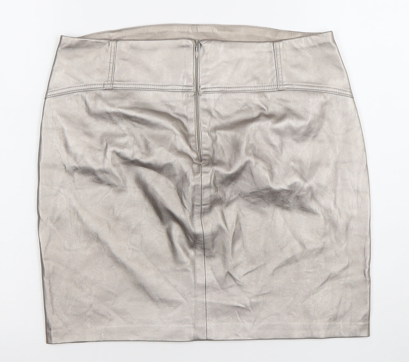 Bershka Women Silver Faux Leather Straight Pencil Skirt UK 12