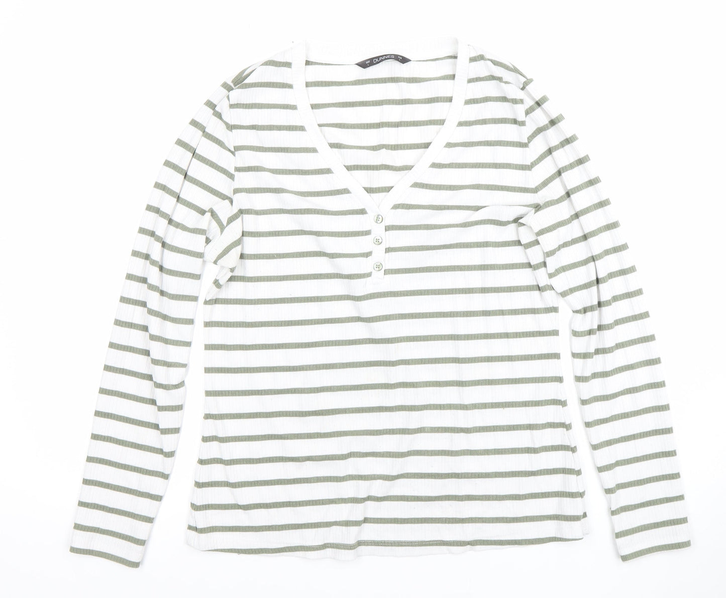 Dunnes Women’s White Green Striped Long Sleeve V-Neck T-Shirt L
