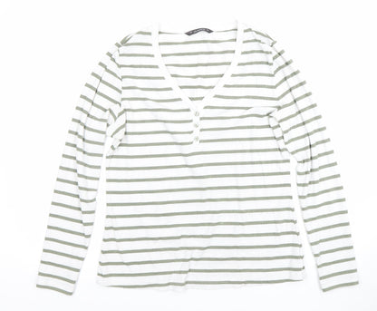 Dunnes Women’s White Green Striped Long Sleeve V-Neck T-Shirt L