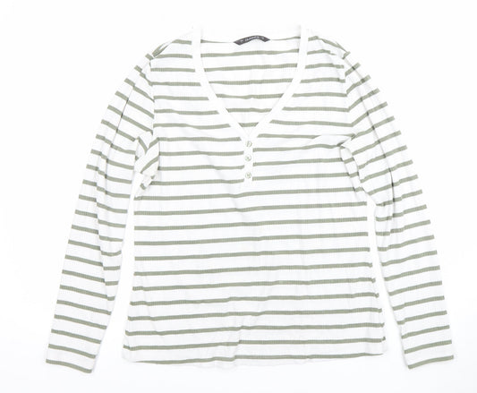 Dunnes Women’s White Green Striped Long Sleeve V-Neck T-Shirt L