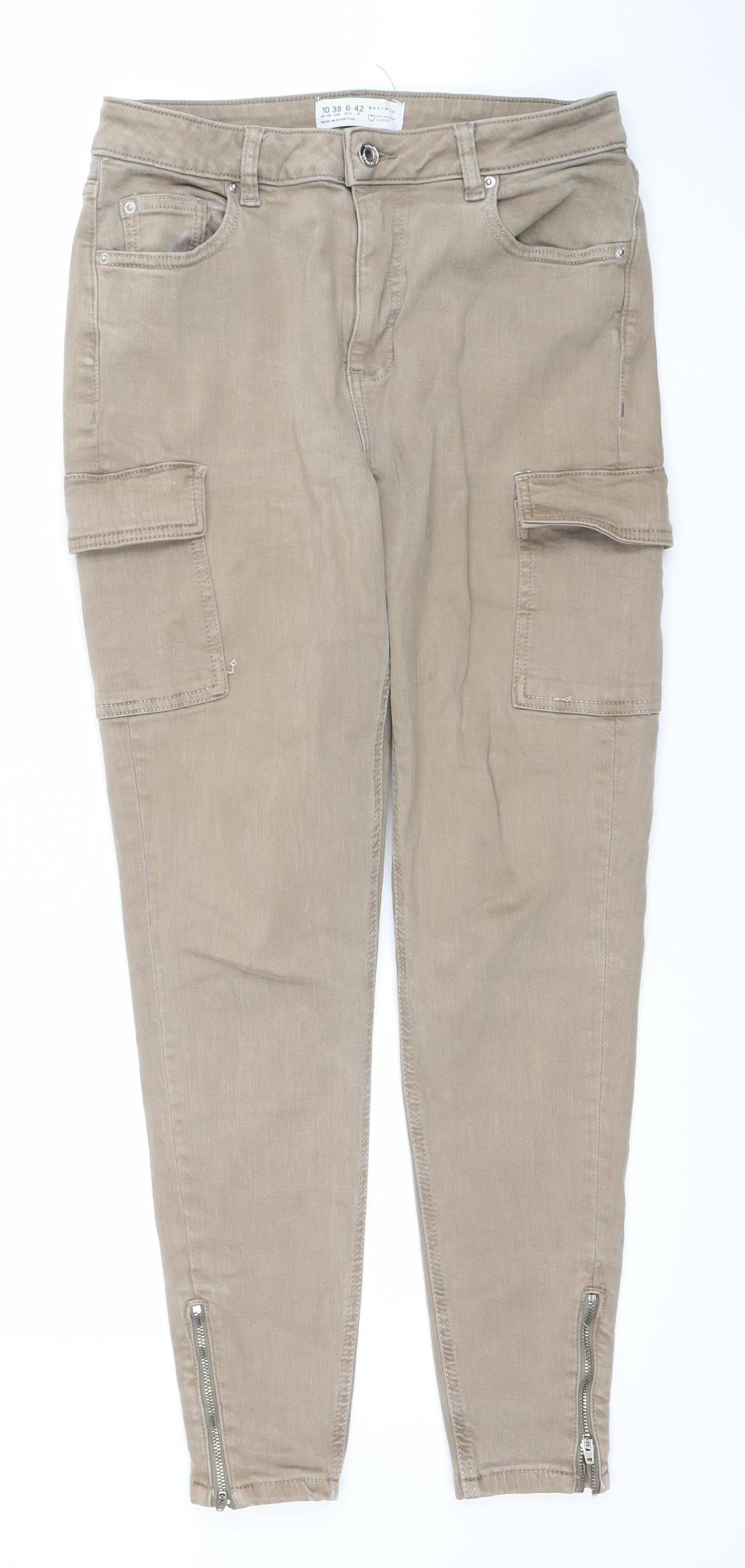 Primark Women Beige Cargo Jeans Size 10 Regular Ankle Zip Denim