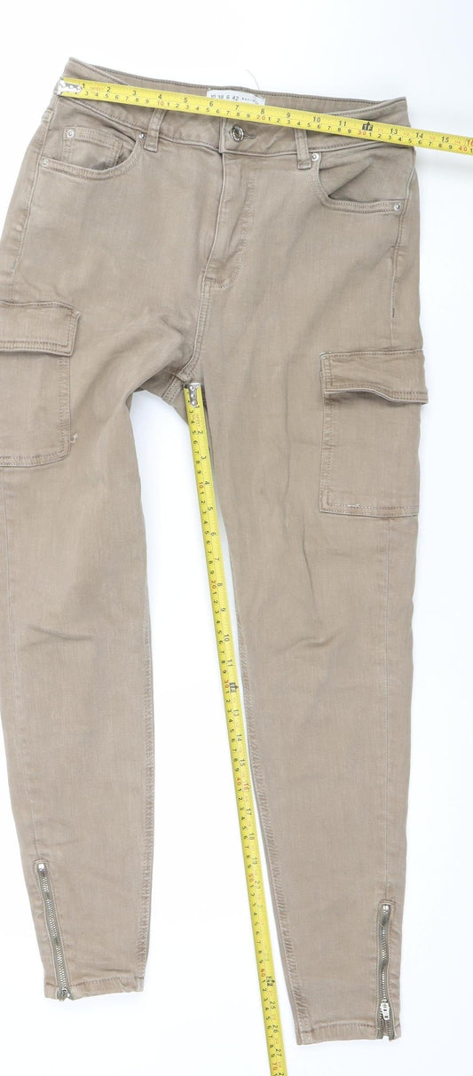 Primark Women Beige Cargo Jeans Size 10 Regular Ankle Zip Denim