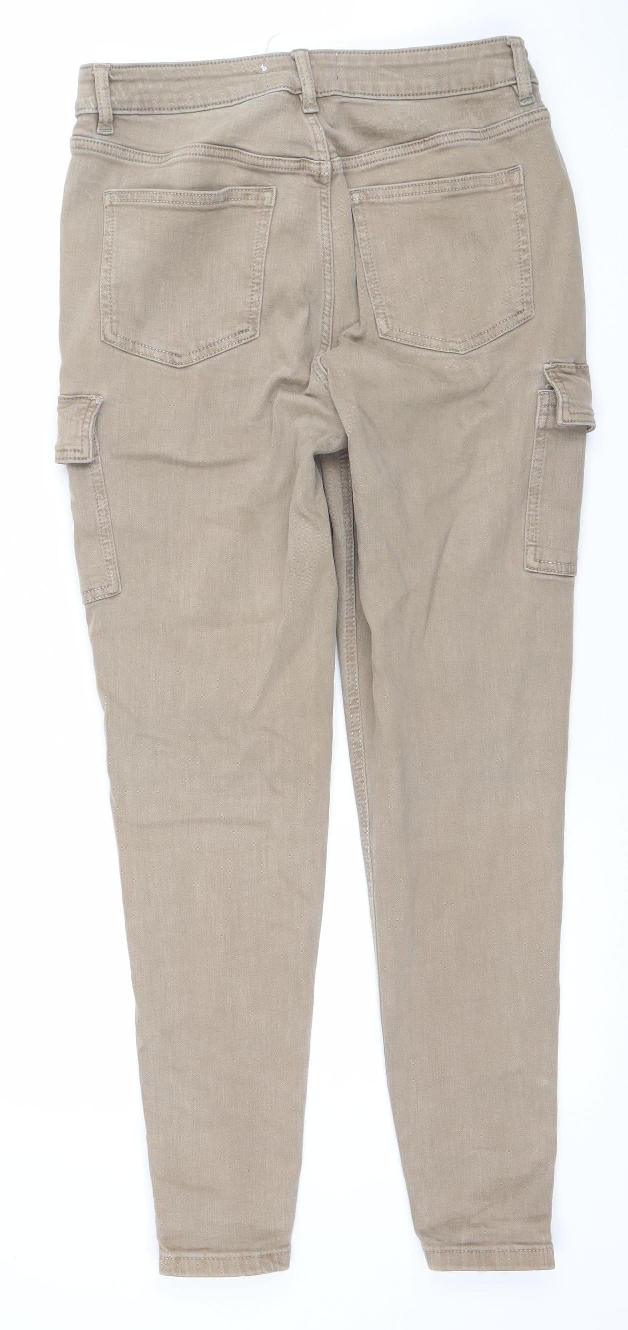 Primark Women Beige Cargo Jeans Size 10 Regular Ankle Zip Denim