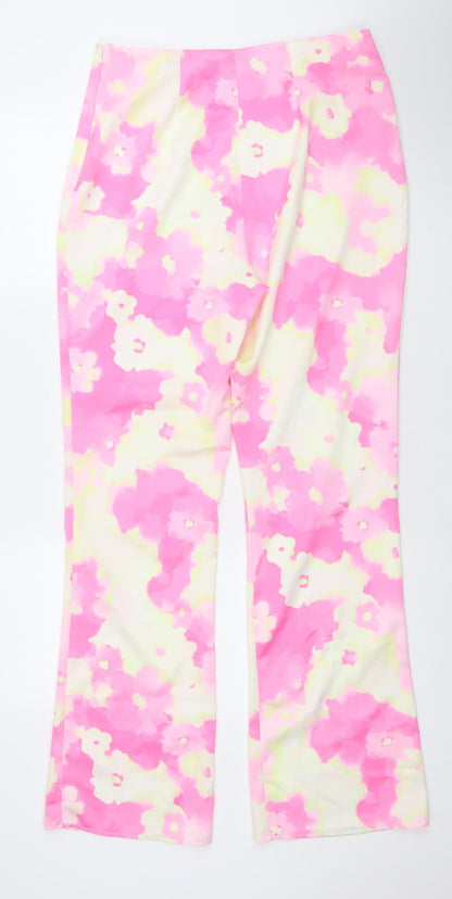 Primark Womens Pink Floral Wide-Leg Trousers Size 14