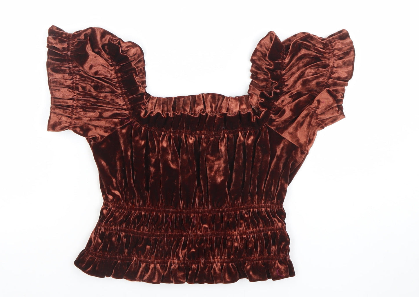 Bershka Women’s Brown Velvet Cropped Ruffle Blouse Size L