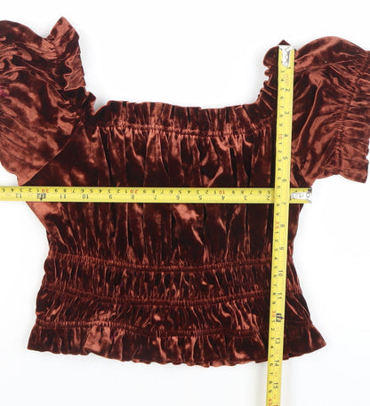 Bershka Women’s Brown Velvet Cropped Ruffle Blouse Size L