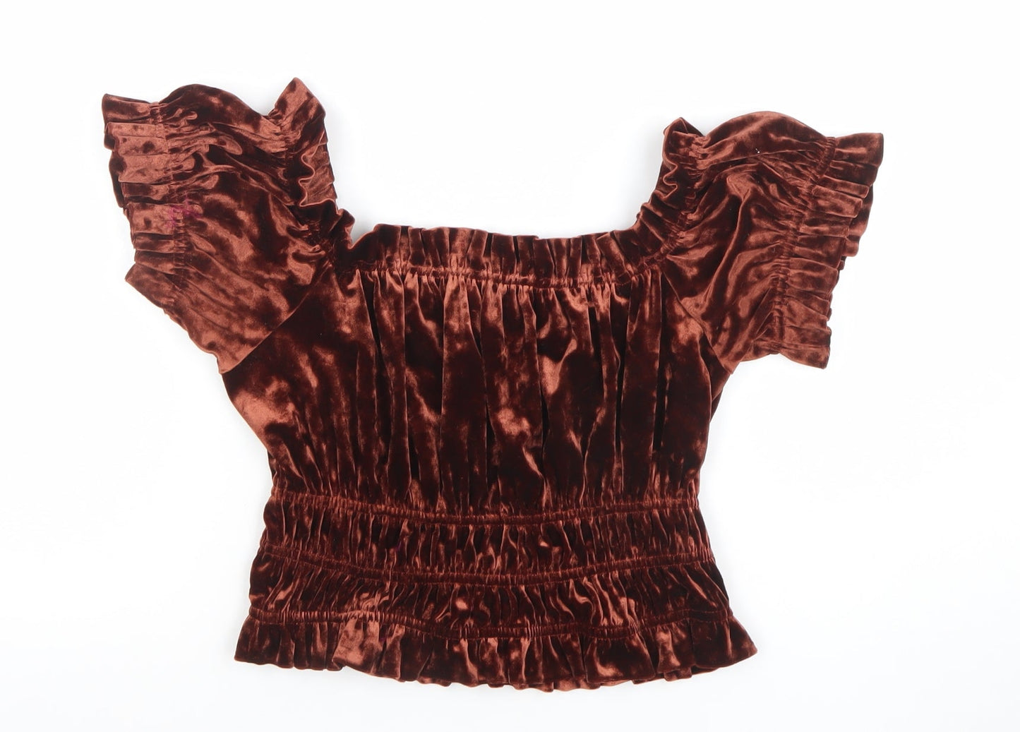 Bershka Women’s Brown Velvet Cropped Ruffle Blouse Size L