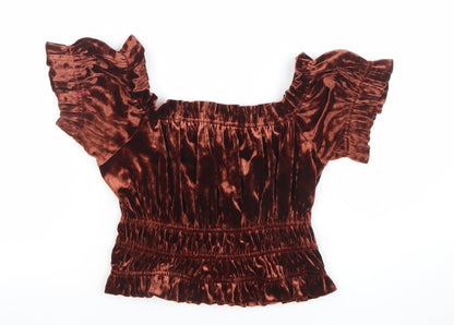 Bershka Women’s Brown Velvet Cropped Ruffle Blouse Size L