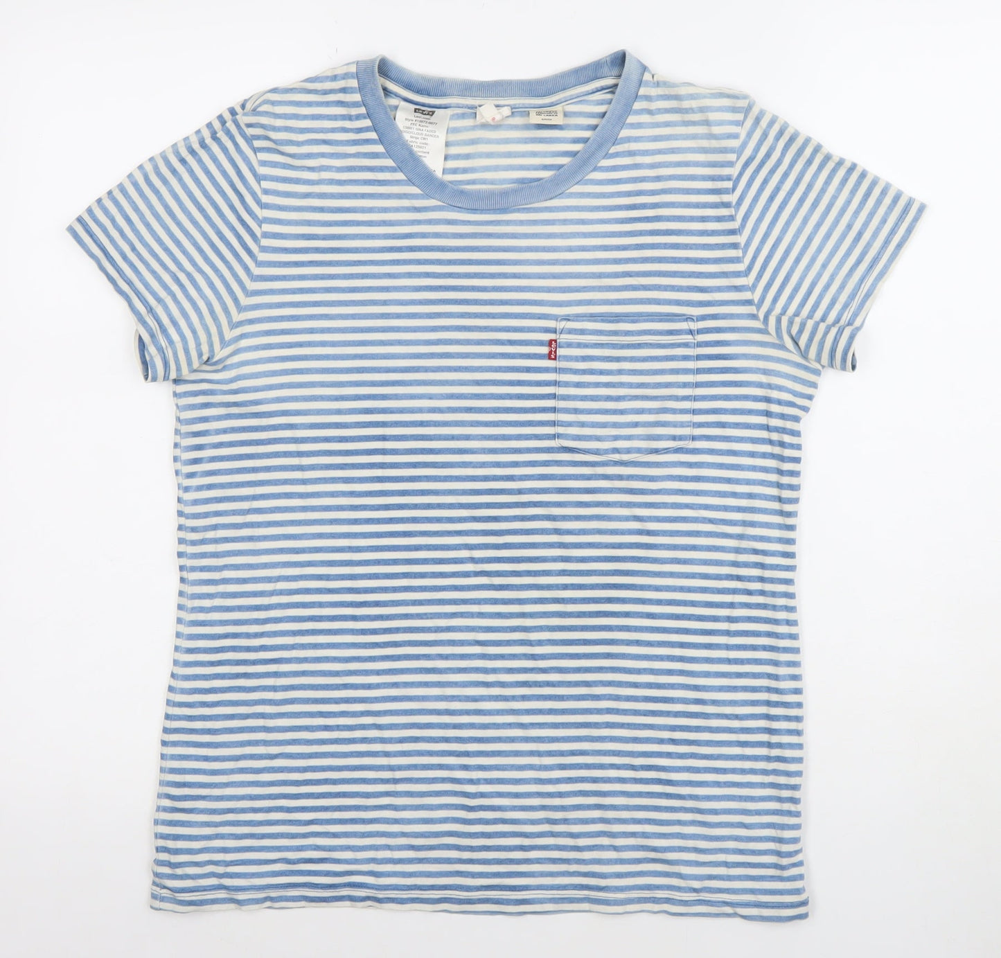 Levi's Women Blue Striped Cotton Crew Neck Short Sleeve T-Shirt S