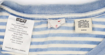 Levi's Women Blue Striped Cotton Crew Neck Short Sleeve T-Shirt S