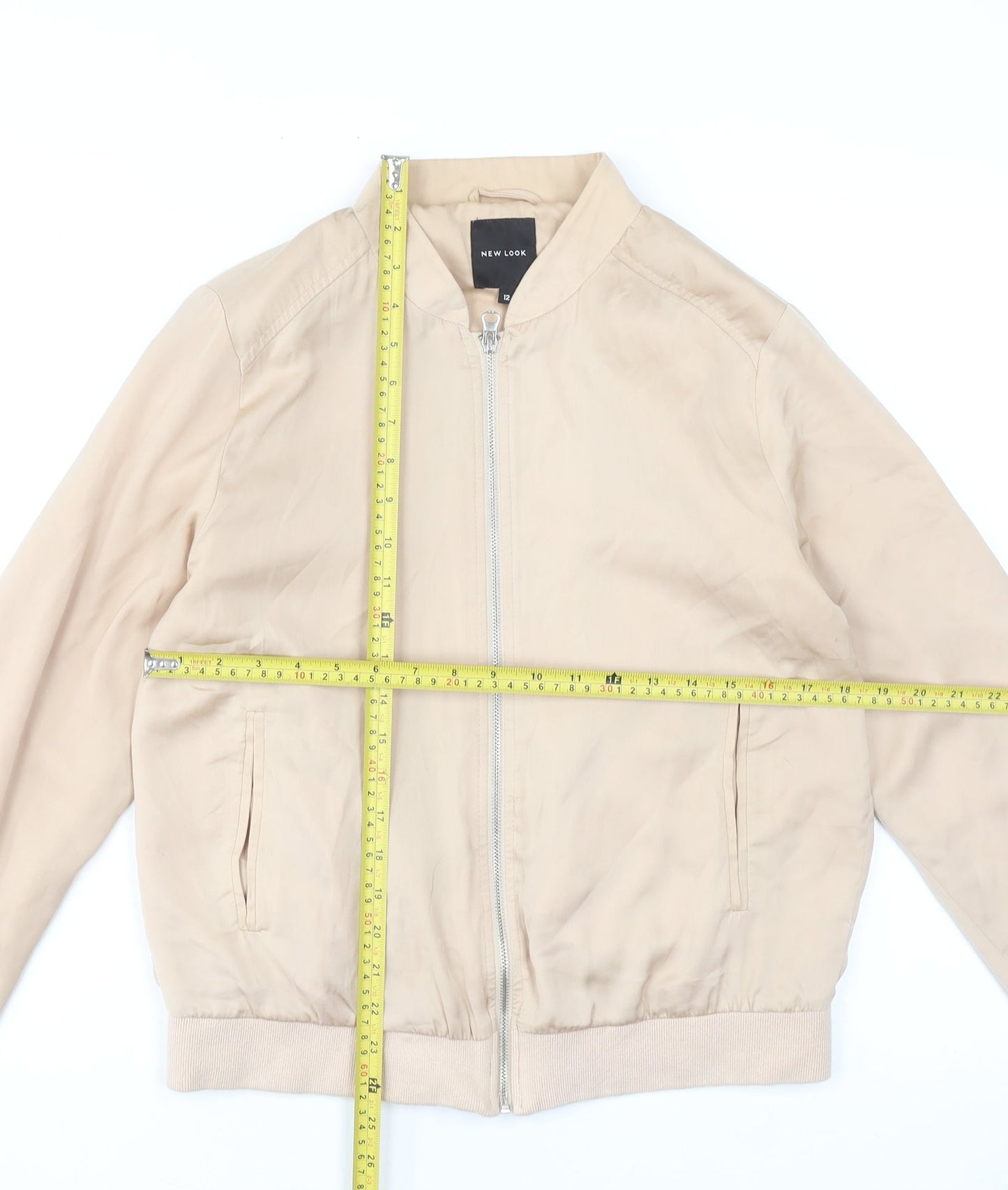 New Look Women Beige Bomber Jacket Size 12 Polyester Zip Casual