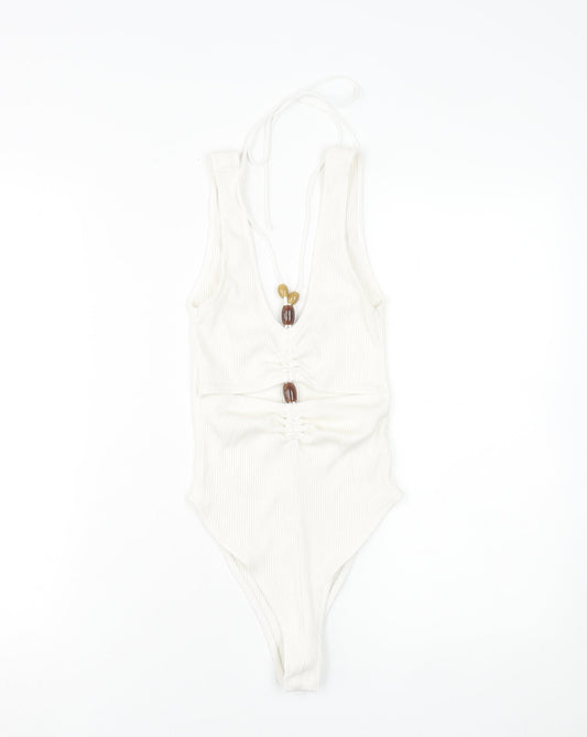 Zara Women’s Ivory Halter Ruched Ribbed Bodysuit Size S