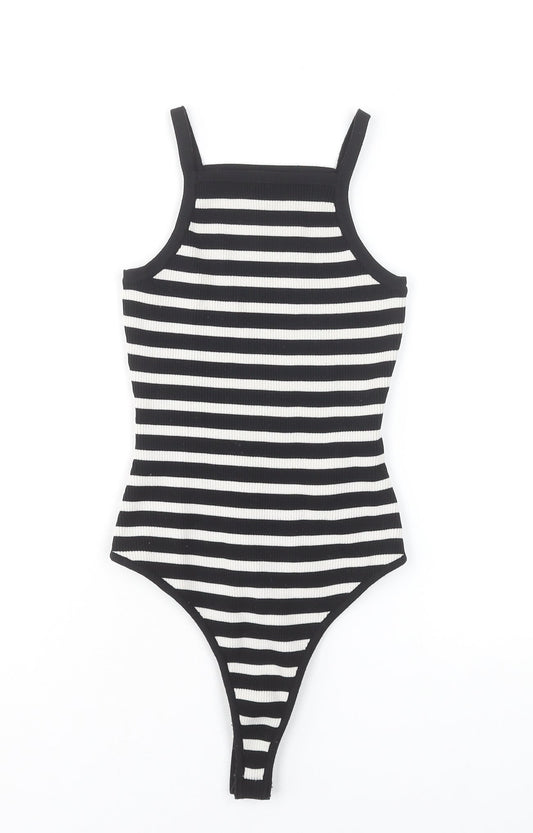 Bershka Women's Black Striped Ribbed Bodysuit Size S