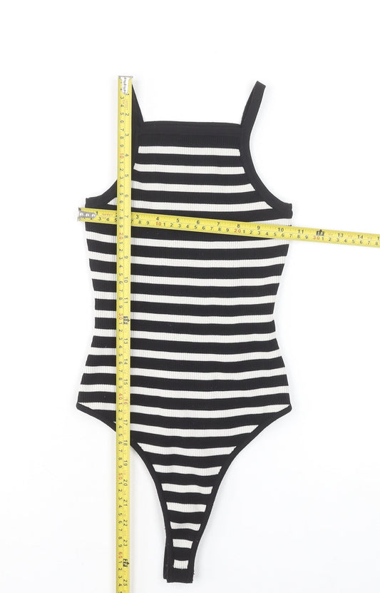 Bershka Women's Black Striped Ribbed Bodysuit Size S