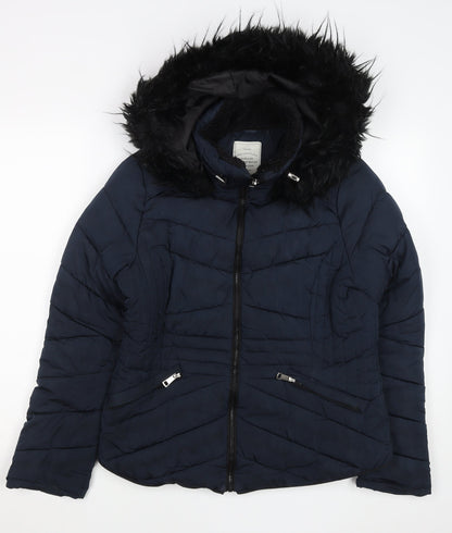 George Womens Navy Blue Puffer Jacket Size 12 Hooded Fur Trim Winter Coat