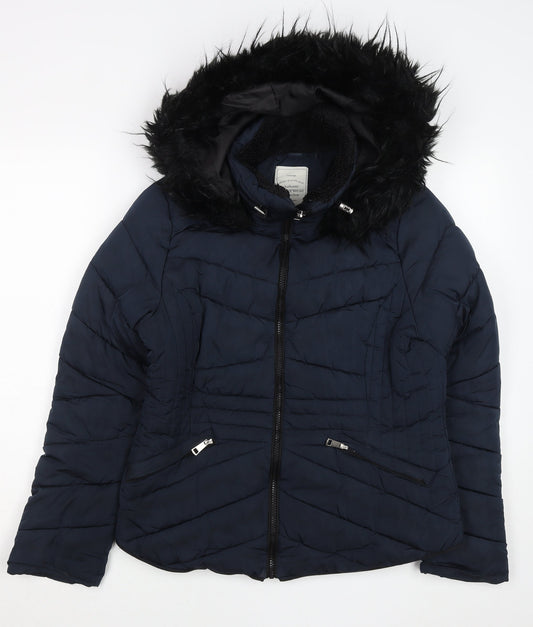George Womens Navy Blue Puffer Jacket Size 12 Hooded Fur Trim Winter Coat