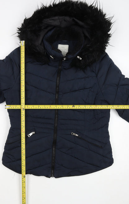 George Womens Navy Blue Puffer Jacket Size 12 Hooded Fur Trim Winter Coat