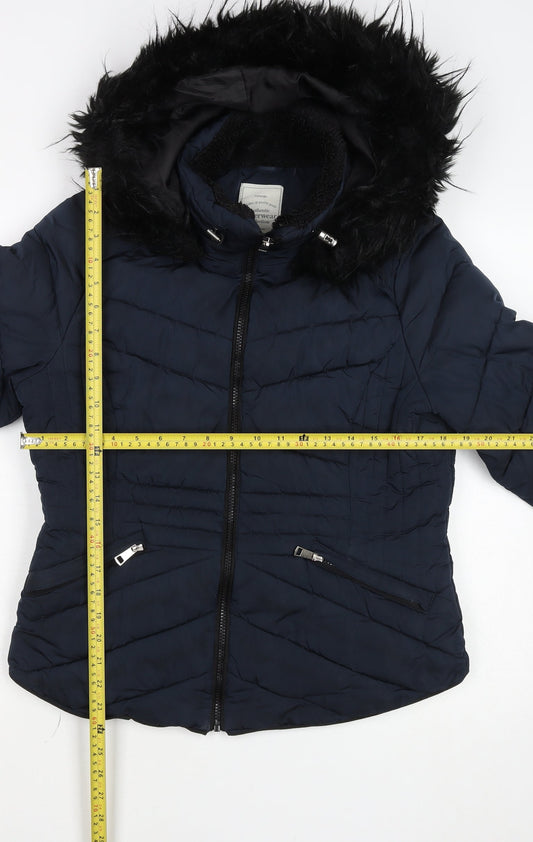 George Womens Navy Blue Puffer Jacket Size 12 Hooded Fur Trim Winter Coat
