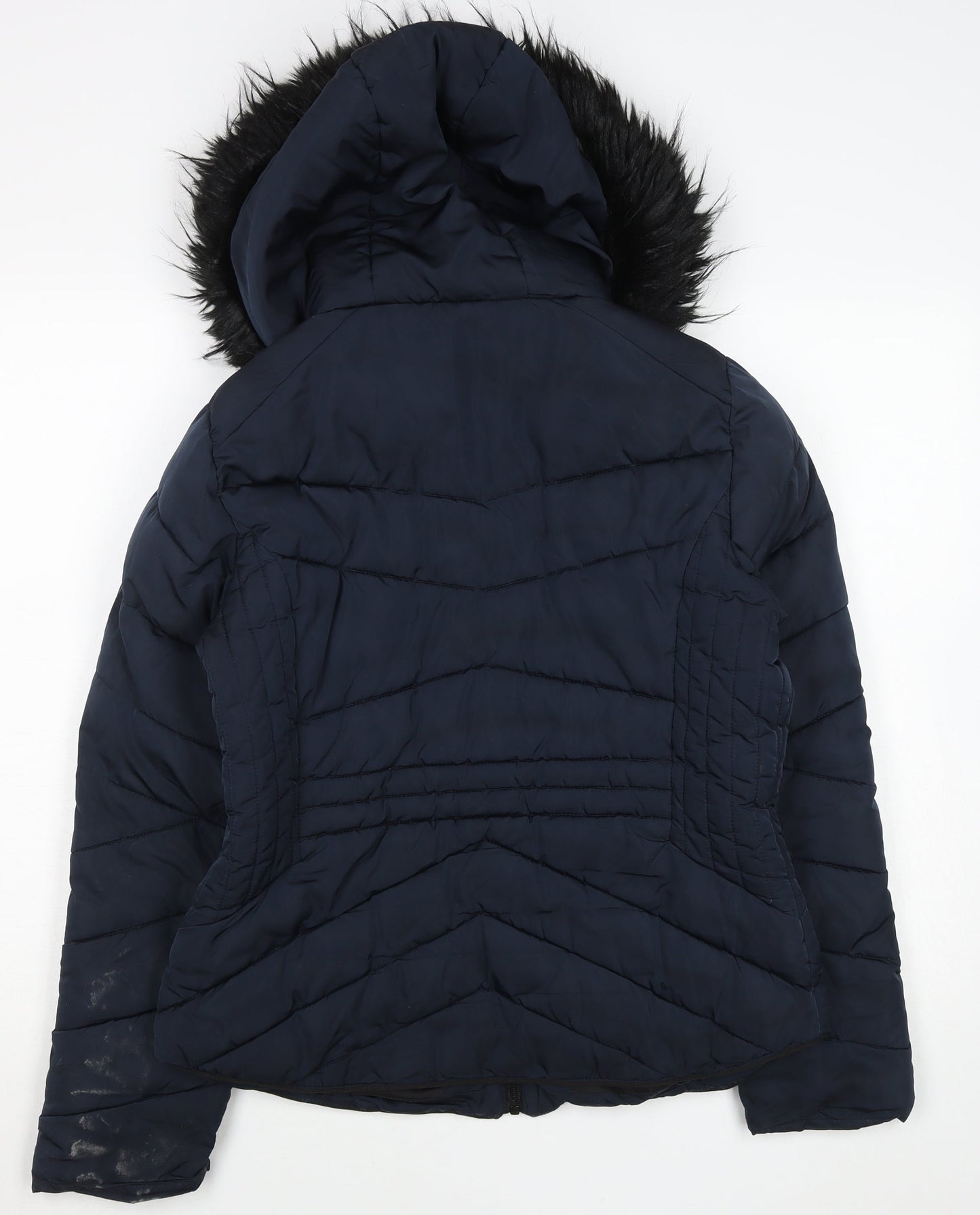 George Womens Navy Blue Puffer Jacket Size 12 Hooded Fur Trim Winter Coat