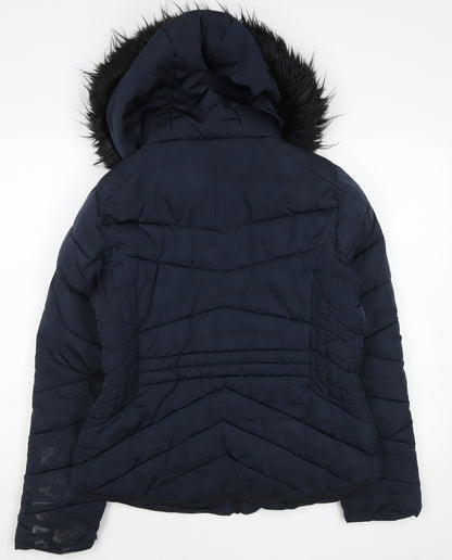 George Womens Navy Blue Puffer Jacket Size 12 Hooded Fur Trim Winter Coat