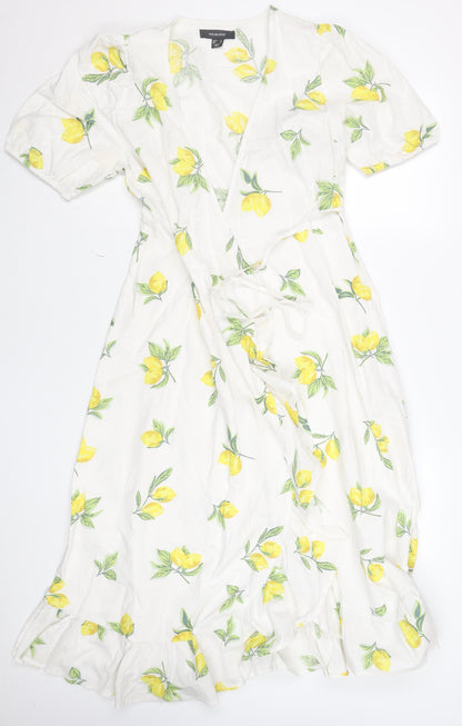 Primark Women's White Lemon Print Wrap Midi Dress Size 8