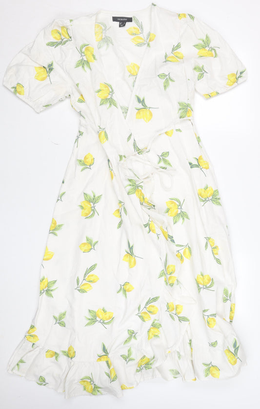 Primark Women's White Lemon Print Wrap Midi Dress Size 8