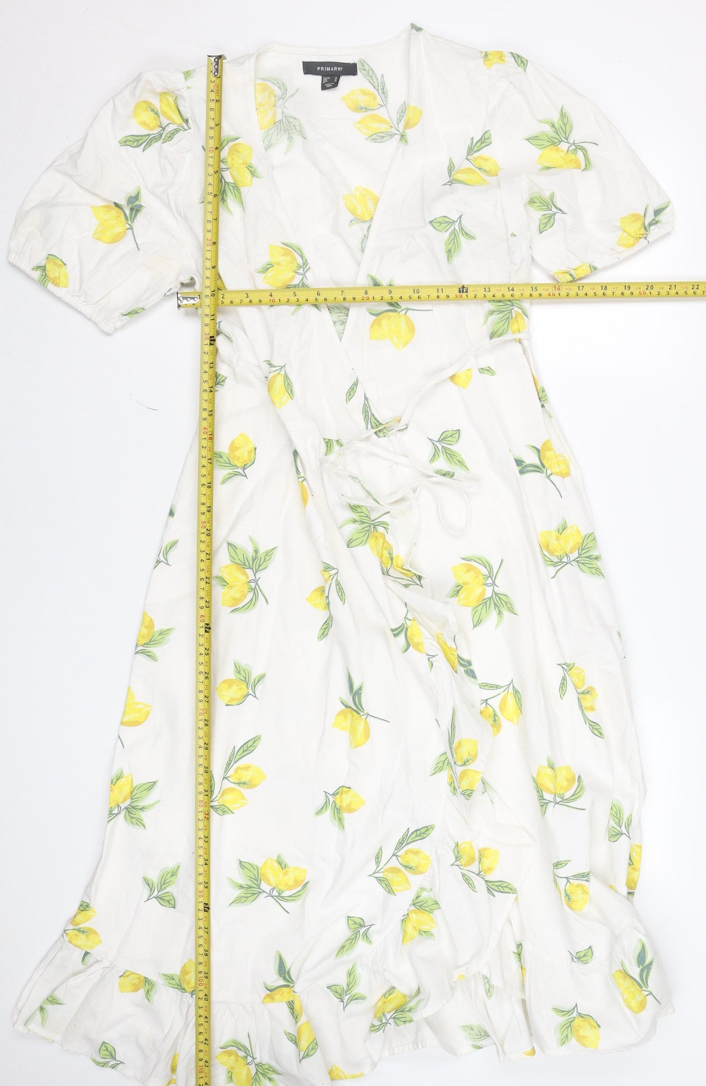 Primark Women's White Lemon Print Wrap Midi Dress Size 8