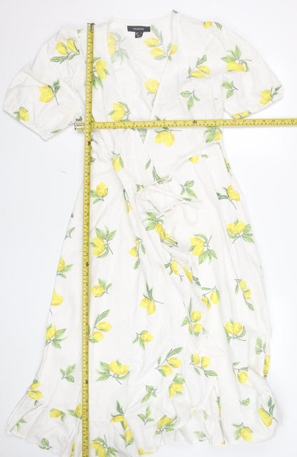 Primark Women's White Lemon Print Wrap Midi Dress Size 8