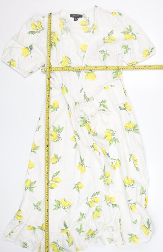 Primark Women's White Lemon Print Wrap Midi Dress Size 8