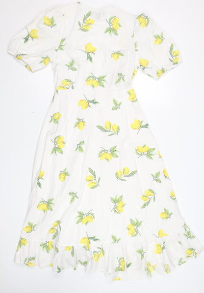 Primark Women's White Lemon Print Wrap Midi Dress Size 8