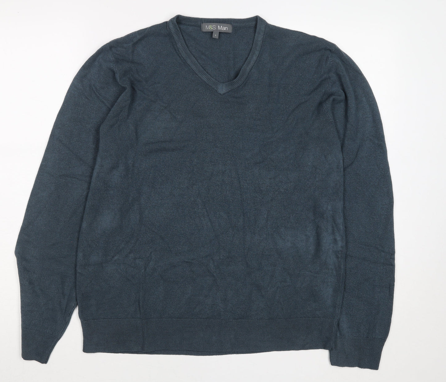 Marks and Spencer Mens Blue Acrylic V-Neck Jumper Size L