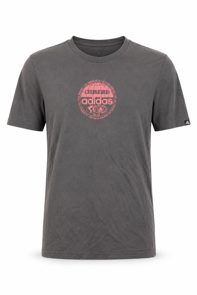 Front view of Adidas men’s grey short sleeve graphic logo cotton t-shirt, size S